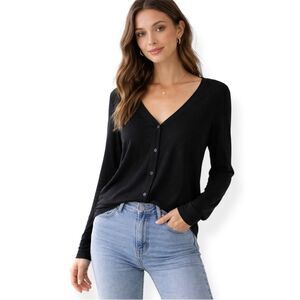 Eileen Fisher Black V-Neck Button Up Business Casual Top